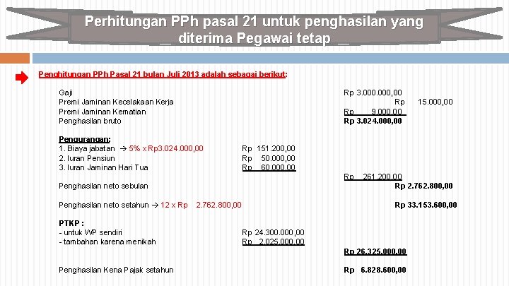 Perhitungan PPh pasal 21 untuk penghasilan yang diterima Pegawai tetap Penghitungan PPh Pasal 21