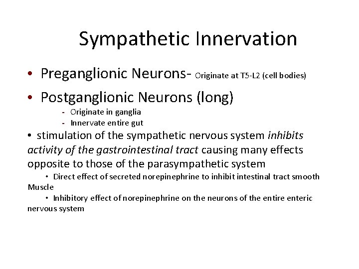 Sympathetic Innervation • Preganglionic Neurons- Originate at T 5 -L 2 (cell bodies) •