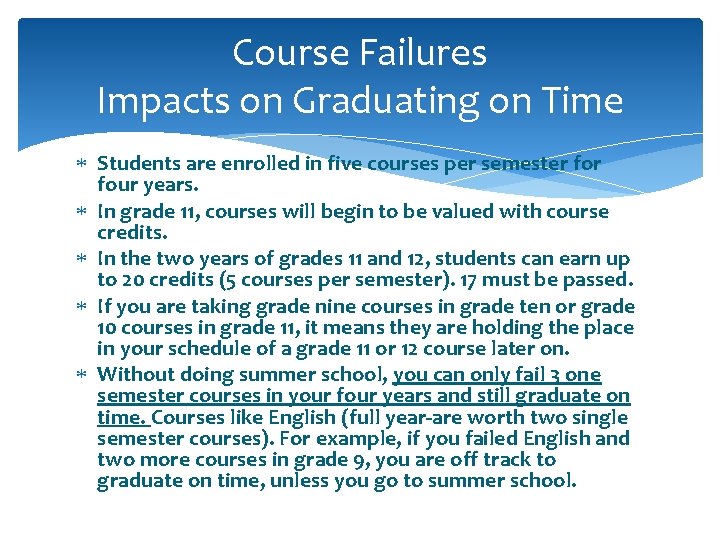 Course Failures Impacts on Graduating on Time Students are enrolled in five courses per