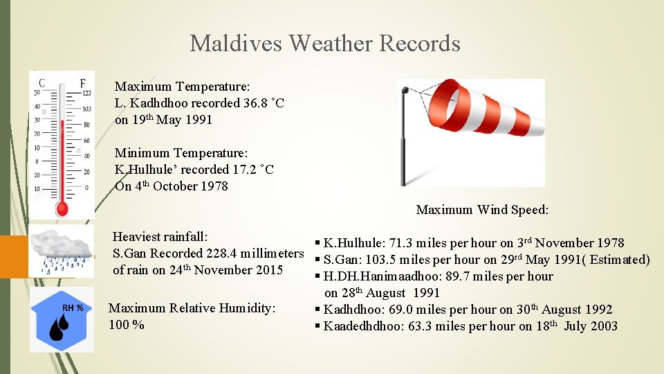 Maldives Weather Records Maximum Temperature: L. Kadhdhoo recorded 36. 8 ˚C on 19 th