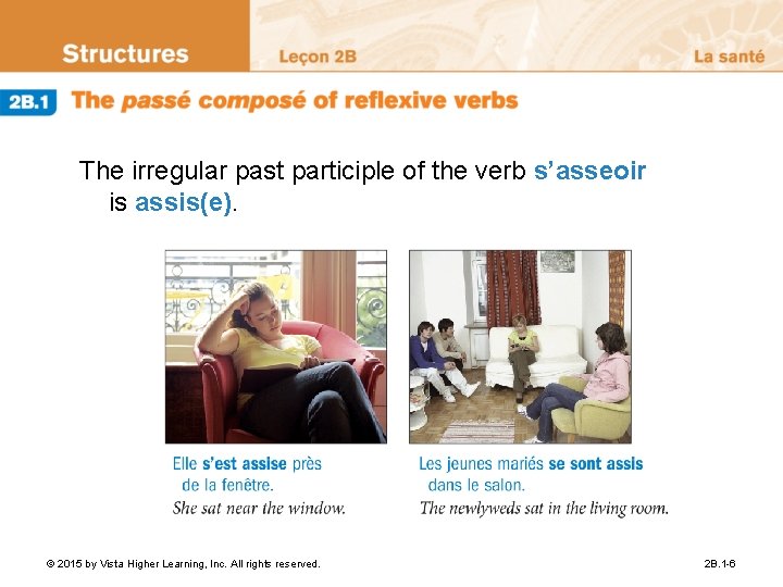 The irregular past participle of the verb s’asseoir is assis(e). © 2015 by Vista The irregular past participle of the verb s’asseoir is assis(e). © 2015 by Vista