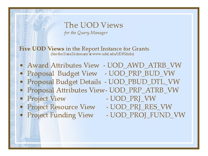 The UOD Views for the Query Manager Five UOD Views in the Report Instance