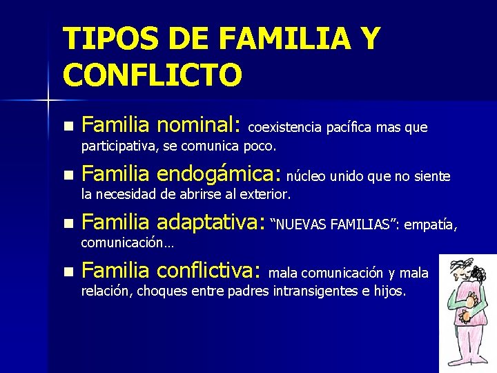 TIPOS DE FAMILIA Y CONFLICTO n Familia nominal: coexistencia pacífica mas que participativa, se