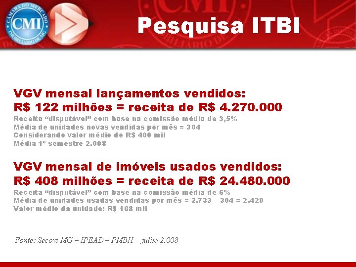 Pesquisa ITBI VGV mensal lançamentos vendidos: R$ 122 milhões = receita de R$ 4.