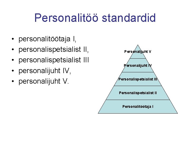 Personalitöö standardid • • • personalitöötaja I, personalispetsialist III personalijuht IV, personalijuht V. Personalijuht