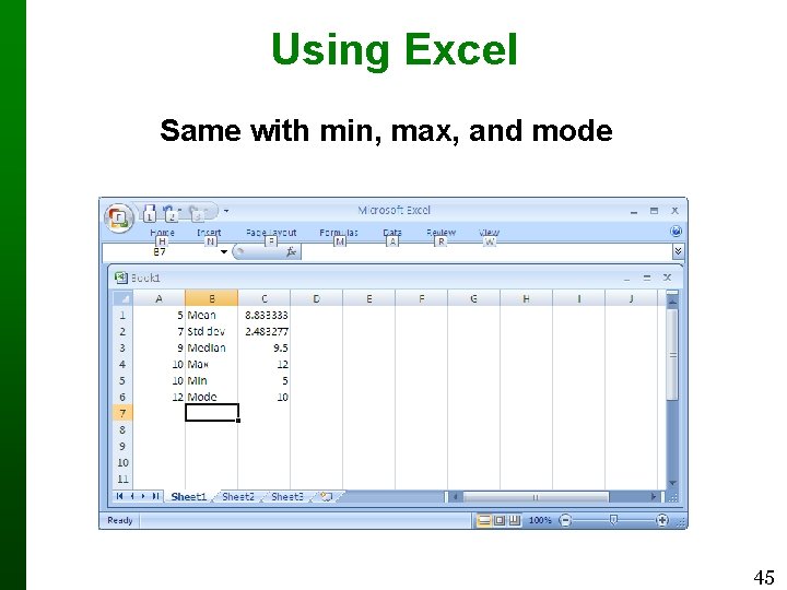 Using Excel Same with min, max, and mode 45 