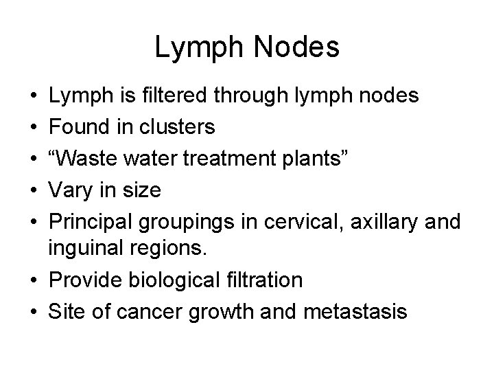 Lymph Nodes • • • Lymph is filtered through lymph nodes Found in clusters