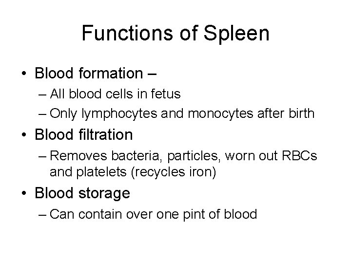Functions of Spleen • Blood formation – – All blood cells in fetus –