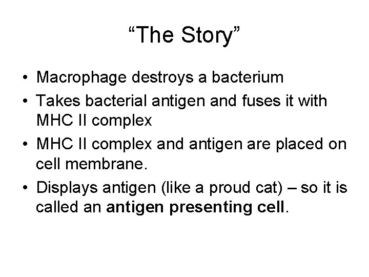 “The Story” • Macrophage destroys a bacterium • Takes bacterial antigen and fuses it