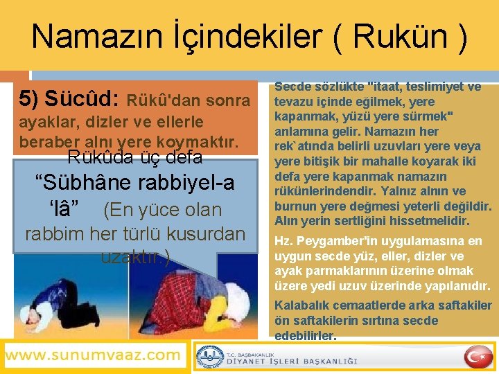 Namazın İçindekiler ( Rukün ) 5) Sücûd: Rükû'dan sonra ayaklar, dizler ve ellerle beraber