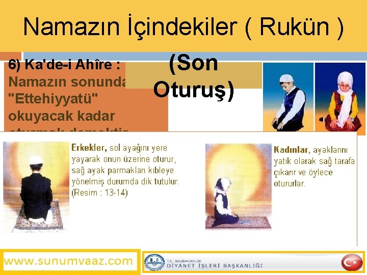 Namazın İçindekiler ( Rukün ) 6) Ka'de-i Ahîre : Namazın sonunda "Ettehiyyatü" okuyacak kadar