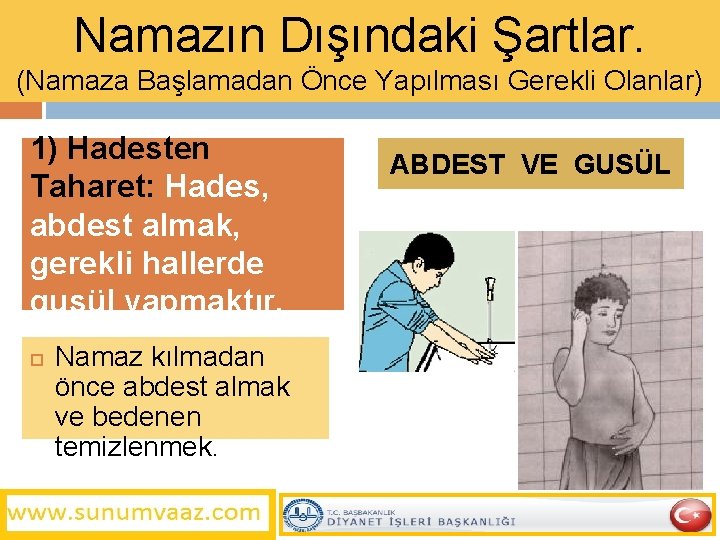 Namazın Dışındaki Şartlar. (Namaza Başlamadan Önce Yapılması Gerekli Olanlar) 1) Hadesten Taharet: Hades, abdest