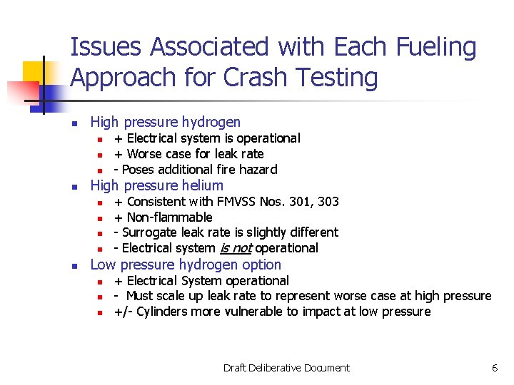 Issues Associated with Each Fueling Approach for Crash Testing n High pressure hydrogen n