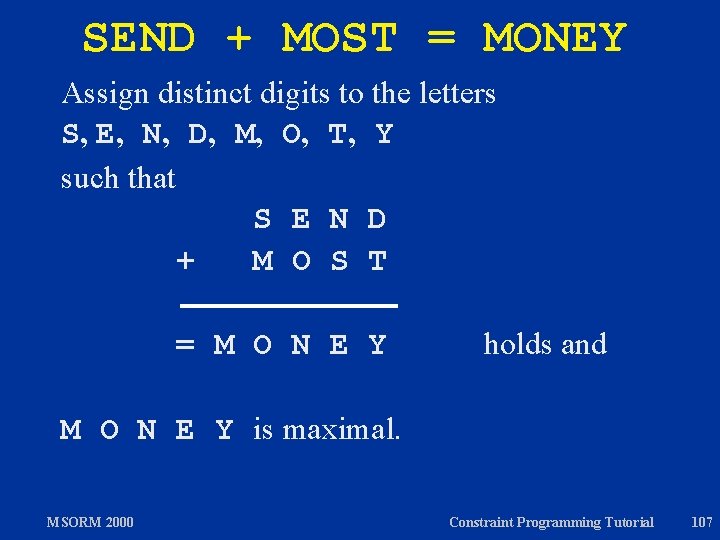 SEND + MOST = MONEY Assign distinct digits to the letters S, E, N,