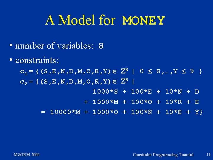 A Model for MONEY h number of variables: 8 h constraints: c 1 =