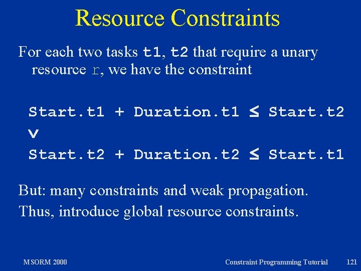 Resource Constraints For each two tasks t 1, t 2 that require a unary