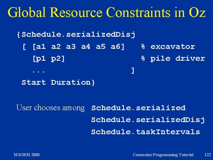 Global Resource Constraints in Oz {Schedule. serialized. Disj [ [a 1 a 2 a