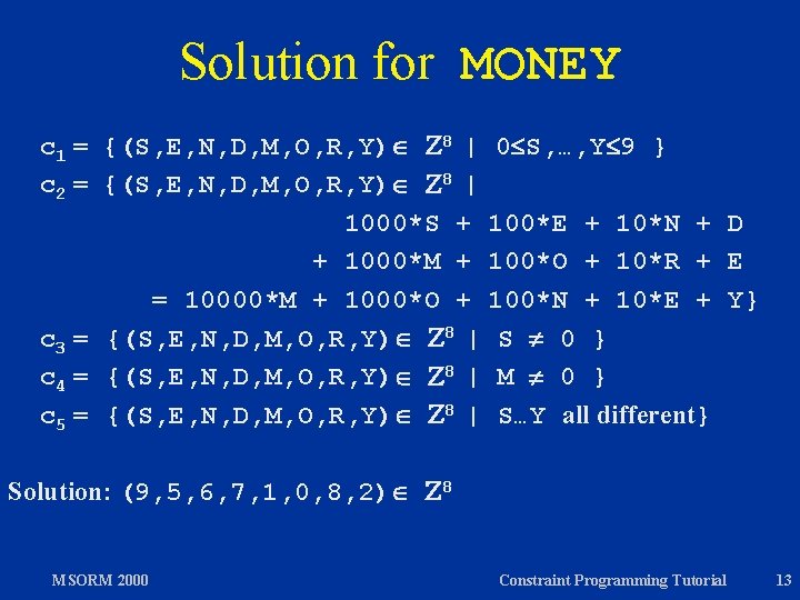 Solution for MONEY c 1 = {(S, E, N, D, M, O, R, Y)