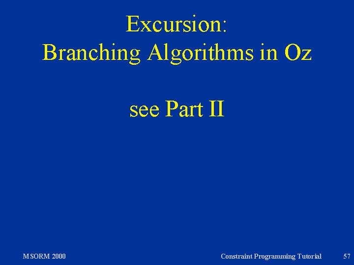 Excursion: Branching Algorithms in Oz see Part II MSORM 2000 Constraint Programming Tutorial 57