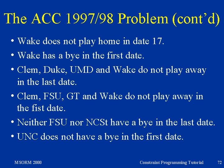 The ACC 1997/98 Problem (cont’d) h Wake does not play home in date 17.