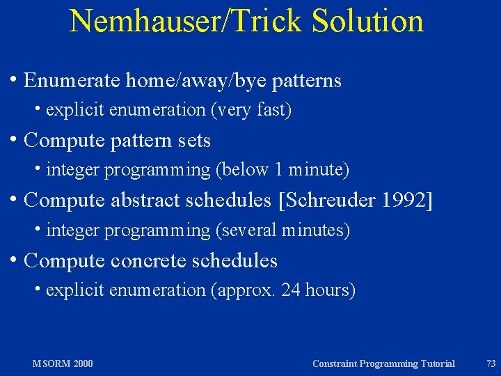 Nemhauser/Trick Solution h Enumerate h explicit enumeration (very fast) h Compute h integer MSORM