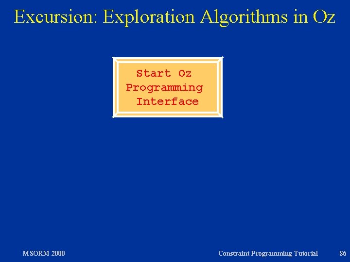 Excursion: Exploration Algorithms in Oz Start Oz Programming Interface MSORM 2000 Constraint Programming Tutorial