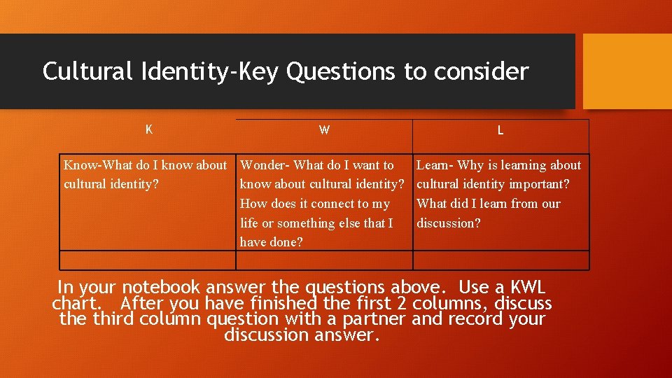 Cultural Identity-Key Questions to consider K W L Know-What do I know about Wonder-