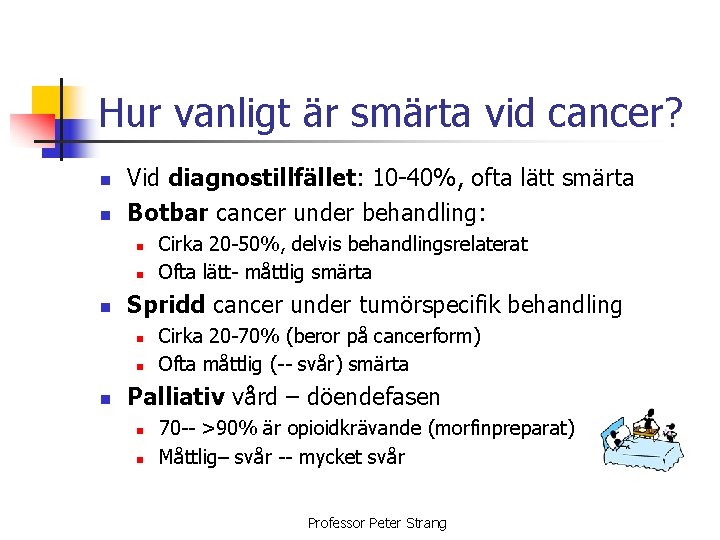 Hur vanligt är smärta vid cancer? n n Vid diagnostillfället: 10 -40%, ofta lätt