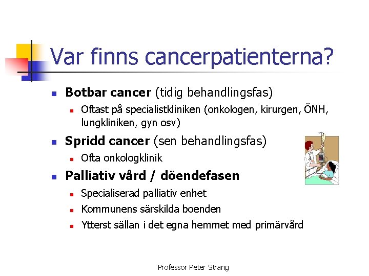 Var finns cancerpatienterna? n Botbar cancer (tidig behandlingsfas) n n Spridd cancer (sen behandlingsfas)