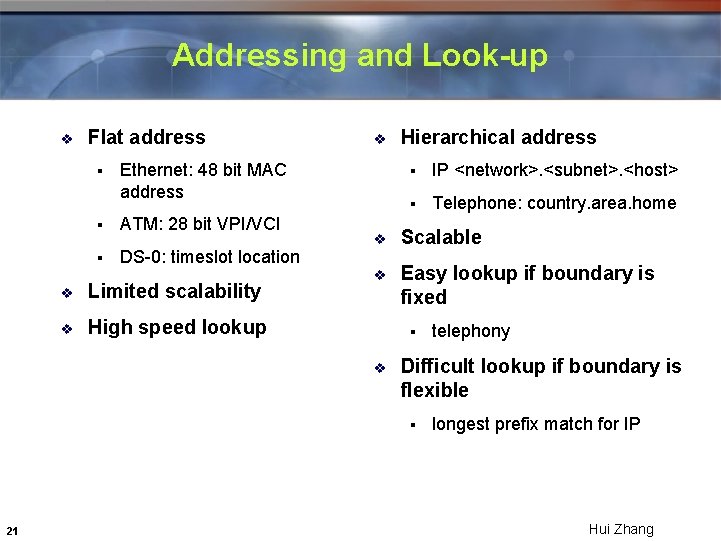 Addressing and Look-up v Flat address § v Ethernet: 48 bit MAC address §