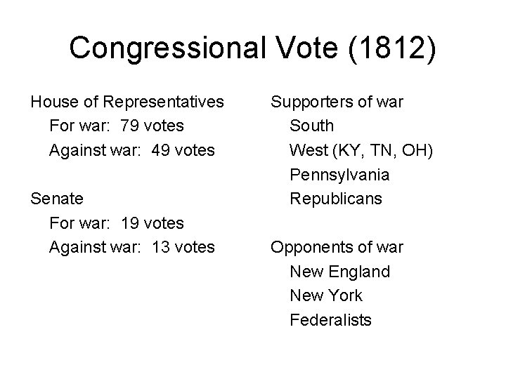 Congressional Vote (1812) House of Representatives For war: 79 votes Against war: 49 votes