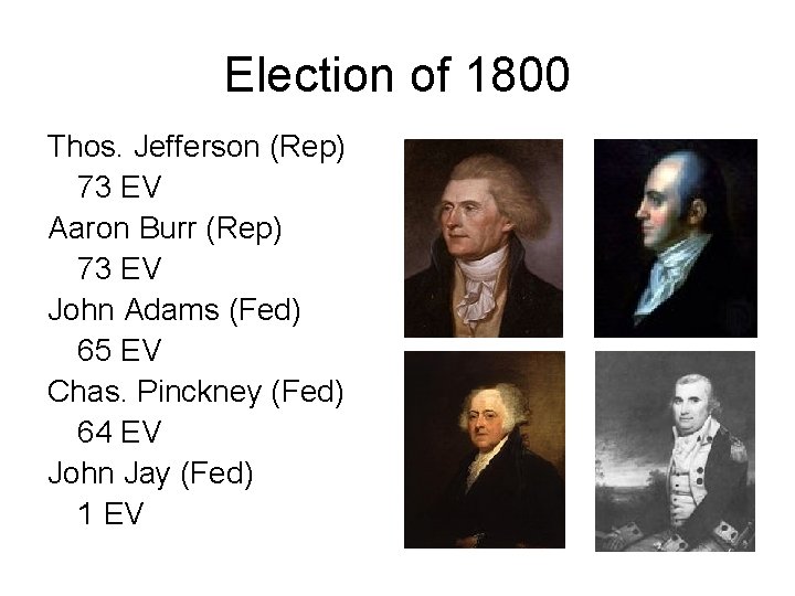 Election of 1800 Thos. Jefferson (Rep) 73 EV Aaron Burr (Rep) 73 EV John