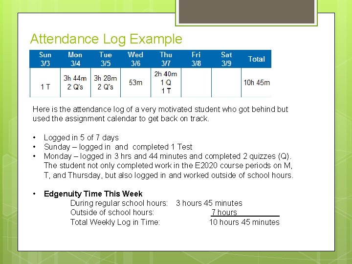 Attendance Log Example Here is the attendance log of a very motivated student who