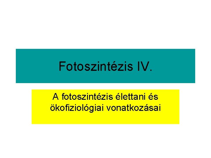 Fotoszintézis IV. A fotoszintézis élettani és ökofiziológiai vonatkozásai 