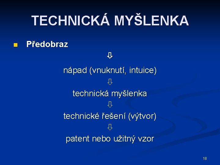 TECHNICKÁ MYŠLENKA n Předobraz nápad (vnuknutí, intuice) technická myšlenka technické řešení (výtvor) patent nebo