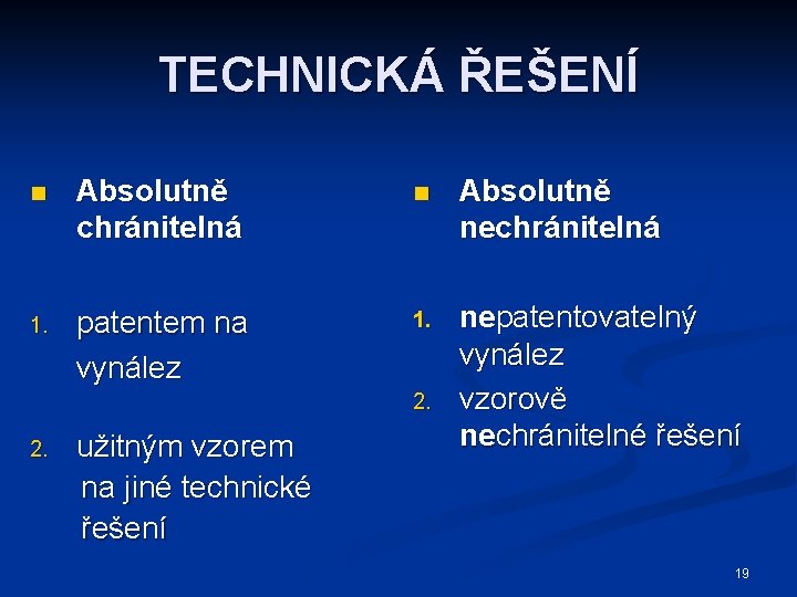 TECHNICKÁ ŘEŠENÍ n Absolutně chránitelná n Absolutně nechránitelná 1. patentem na vynález 1. nepatentovatelný