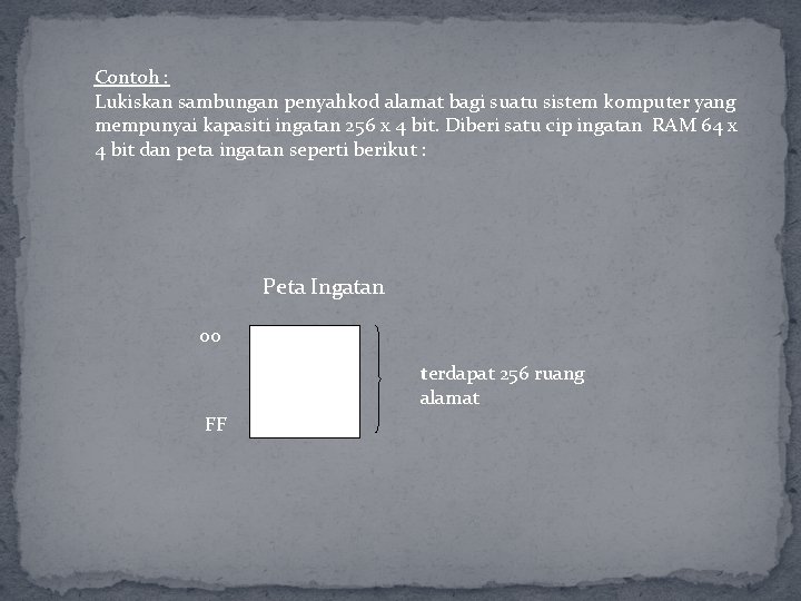 Contoh : Lukiskan sambungan penyahkod alamat bagi suatu sistem komputer yang mempunyai kapasiti ingatan