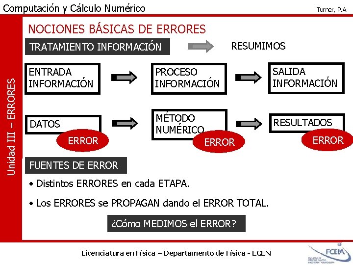 Computación y Cálculo Numérico Turner, P. A. NOCIONES BÁSICAS DE ERRORES Unidad III –