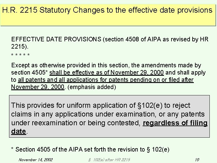 H. R. 2215 Statutory Changes to the effective date provisions EFFECTIVE DATE PROVISIONS (section H. R. 2215 Statutory Changes to the effective date provisions EFFECTIVE DATE PROVISIONS (section