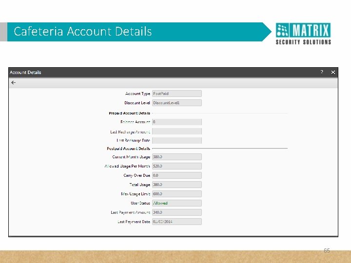 Cafeteria Account Details 65 