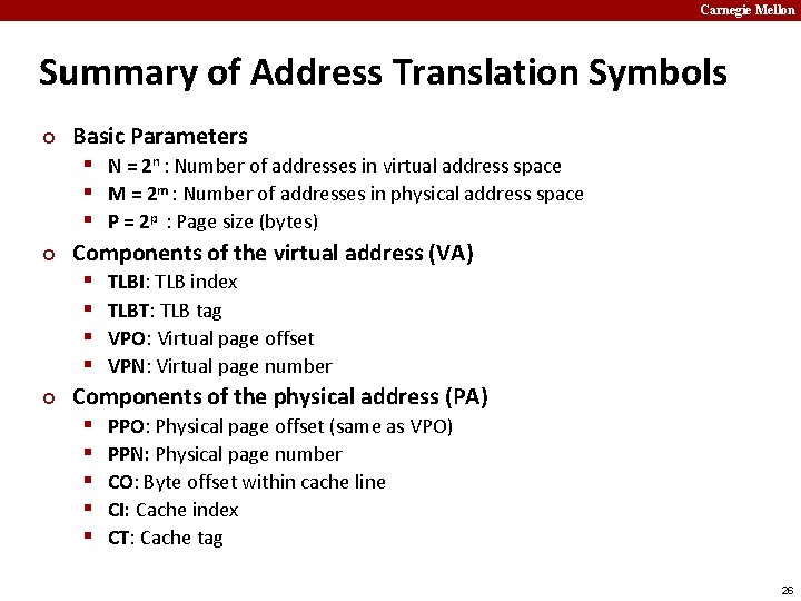 Carnegie Mellon Summary of Address Translation Symbols ¢ ¢ ¢ Basic Parameters § N