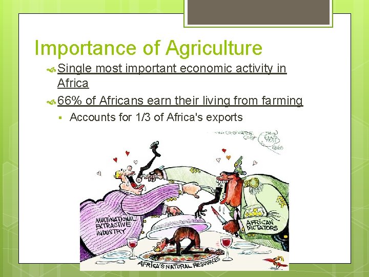 Importance of Agriculture Single most important economic activity in Africa 66% of Africans earn