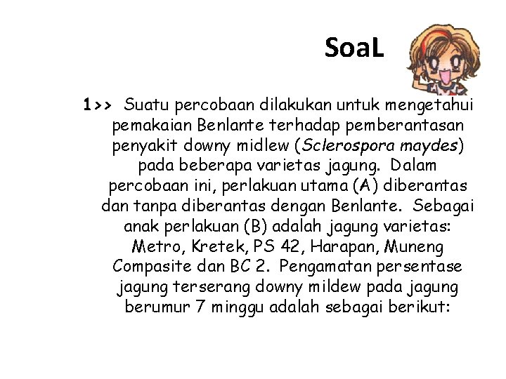 Soa. L 1>> Suatu percobaan dilakukan untuk mengetahui pemakaian Benlante terhadap pemberantasan penyakit downy