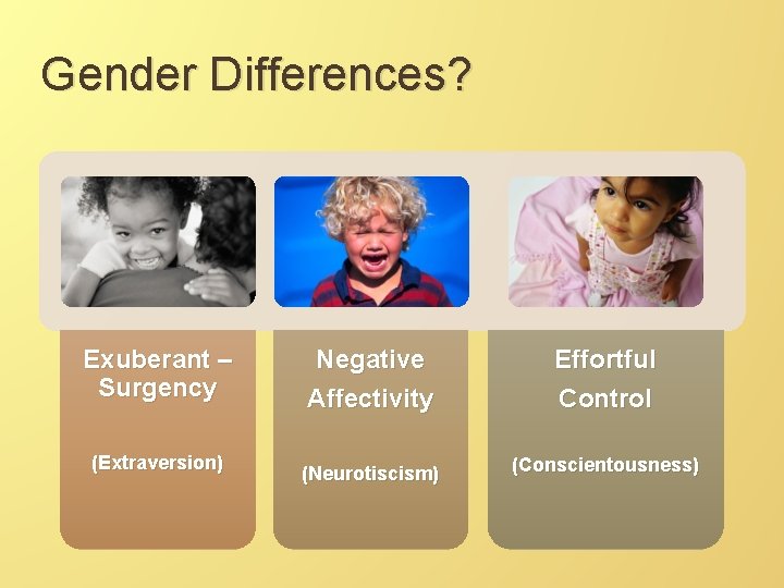 Gender Differences? Exuberant – Surgency (Extraversion) Negative Affectivity Effortful Control (Neurotiscism) (Conscientousness) 