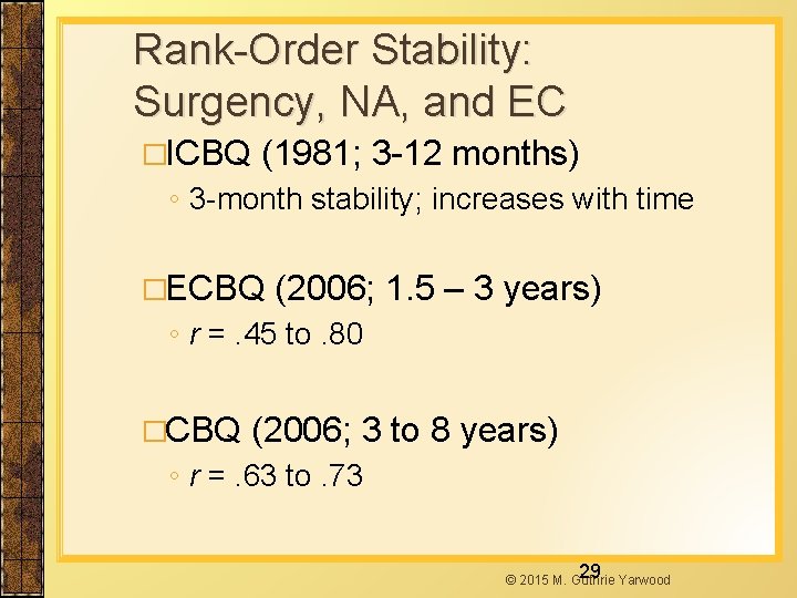 Rank-Order Stability: Surgency, NA, and EC �ICBQ (1981; 3 -12 months) ◦ 3 -month