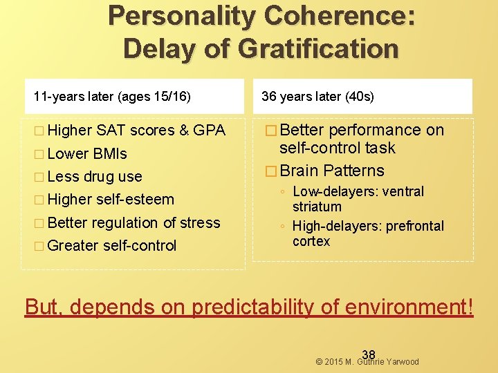 Personality Coherence: Delay of Gratification 11 -years later (ages 15/16) 36 years later (40