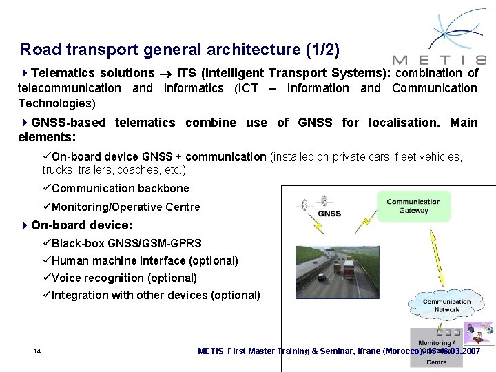 Road transport general architecture (1/2) 4 Telematics solutions ITS (intelligent Transport Systems): combination of