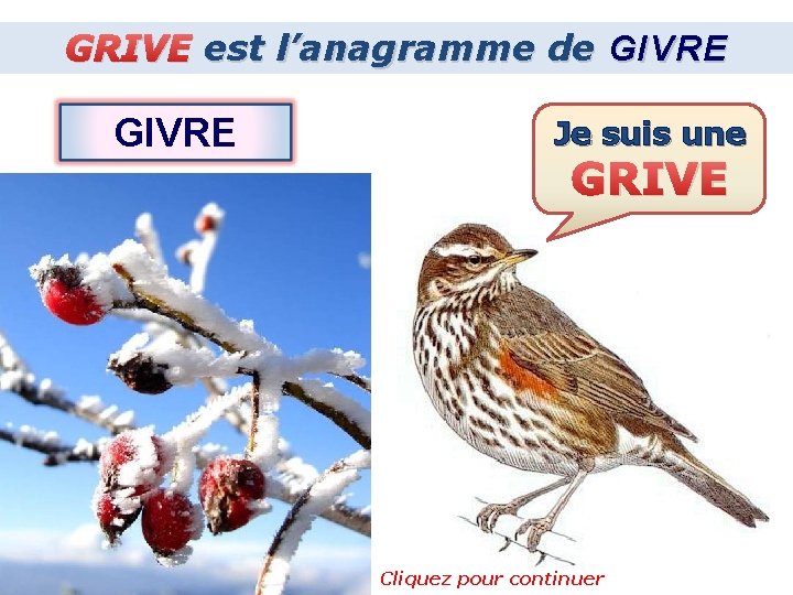 GRIVE est l’anagramme de GIVRE Je suis une GRIVE Cliquez pour continuer 