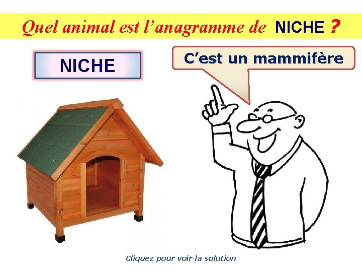 Quel animal est l’anagramme de NICHE ? NICHE C’est un mammifère Cliquez pour voir