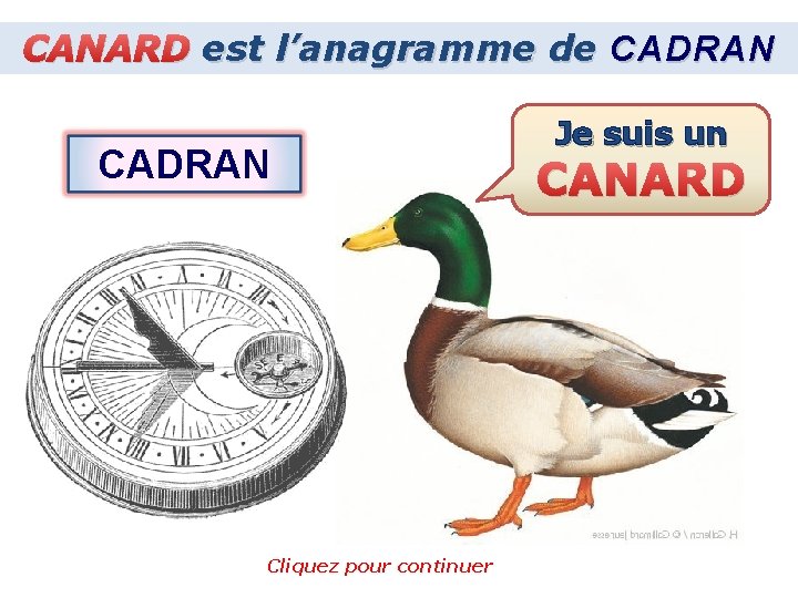 CANARD est l’anagramme de CADRAN Cliquez pour continuer Je suis un CANARD 